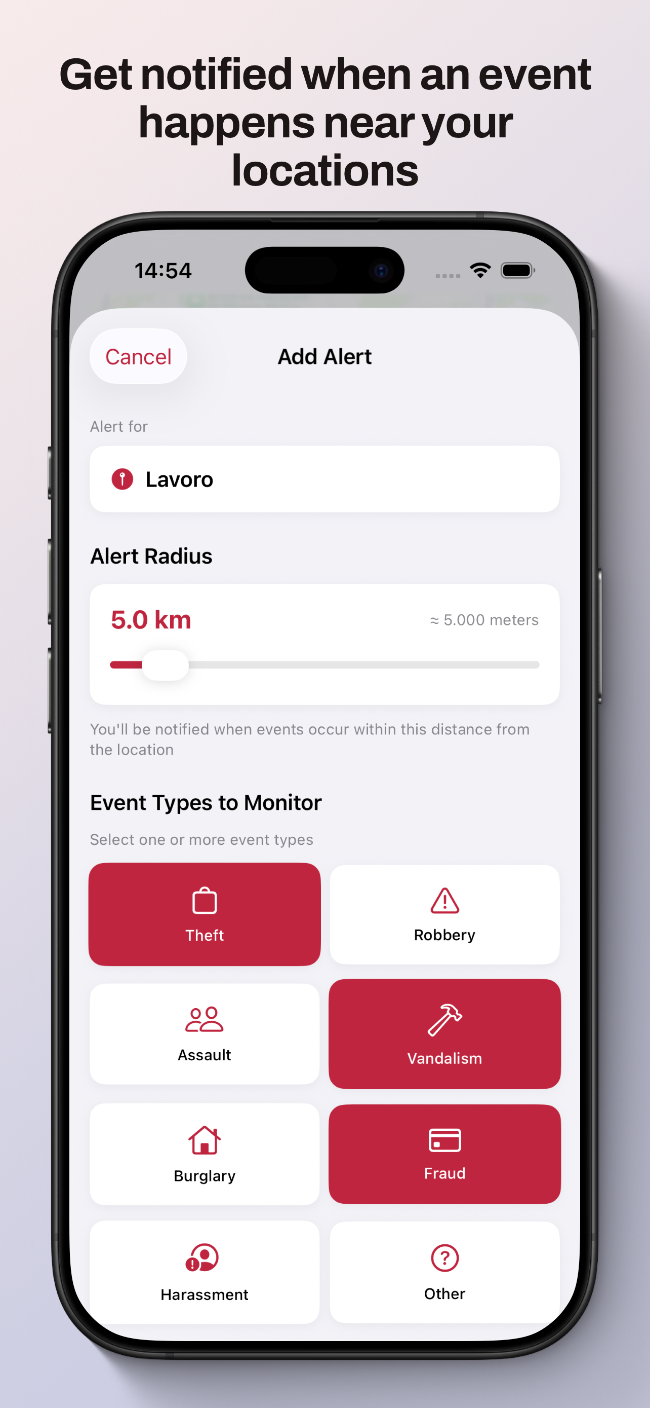 Community safety feed with recent events